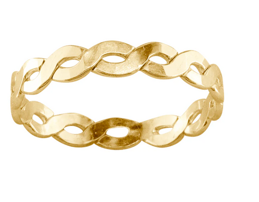 A gold-filled braided ring with an interwoven openwork design, displayed against a white background.

